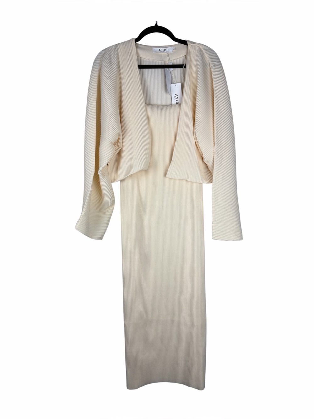 Astr Cream Ribbed Midi Dress with Matching Shrug